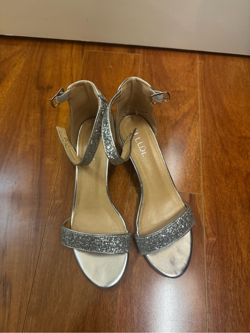 Allude Silver Glitter Ankle-Strap Heels